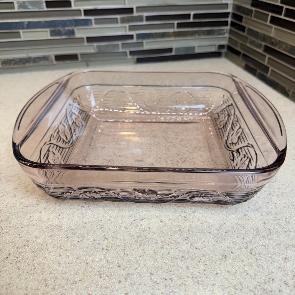 VTG Arcoroc Rosaline Pink Glass Baking Dish Square Floral Embossed Oven Safe 9x9